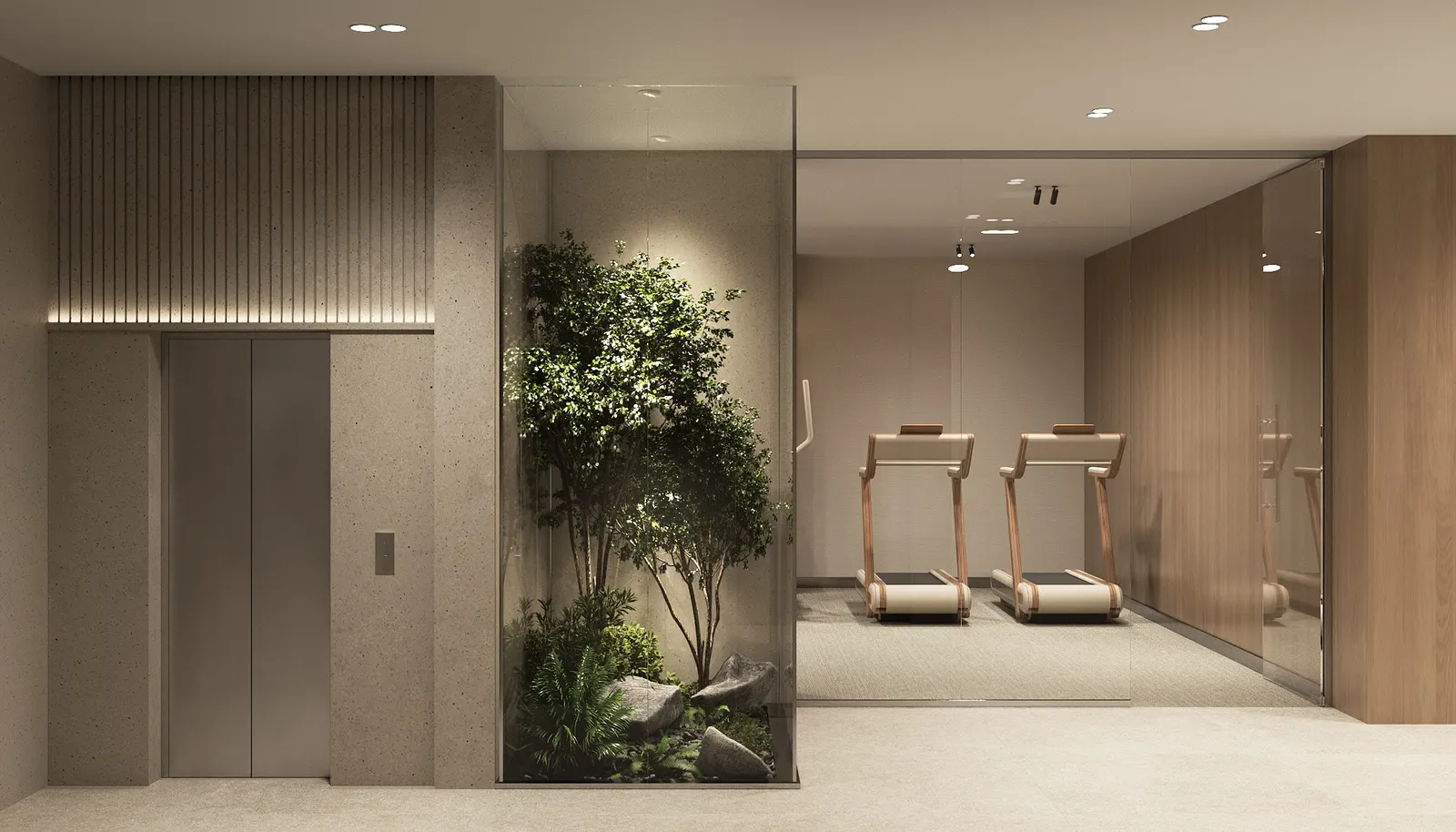 Elevator lobby with indoor greenery next to the residents' gym