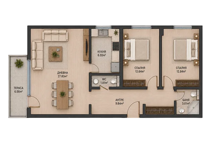 Floor plan of a 3 bedroom apartment